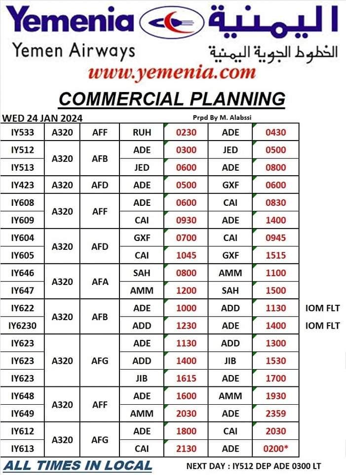 جدول رحلات الخطوط الجوية اليمنية غداً الأربعاء 24 يناير