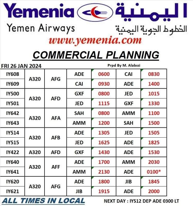 جدول رحلات الخطوط الجوية اليمنية غدا الجمعة 26 يناير